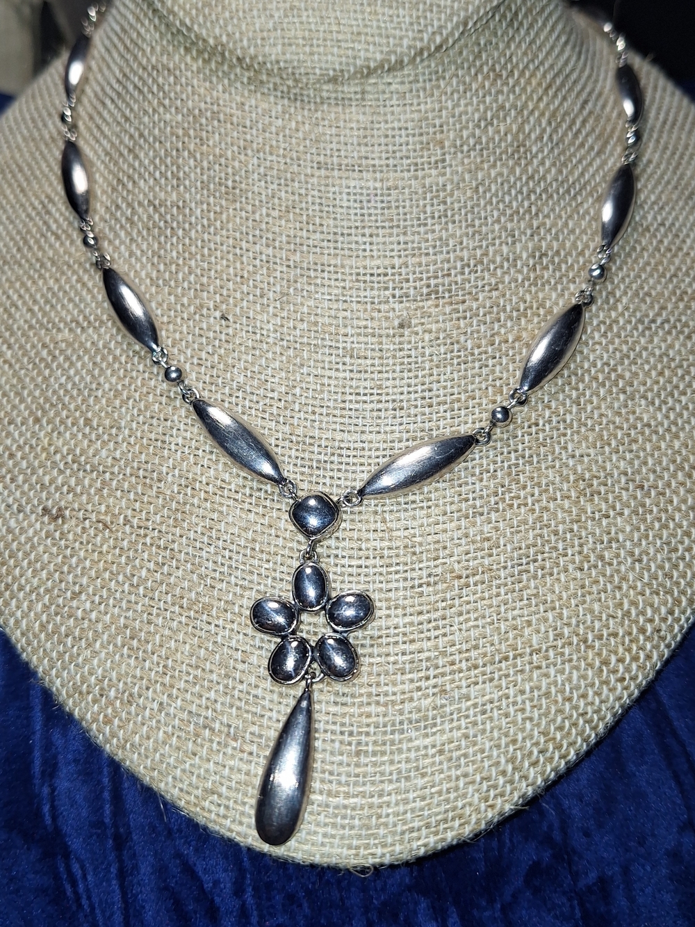 Monet Silver Tone Y-Drop Floral Necklace, Pre-1955 Signed